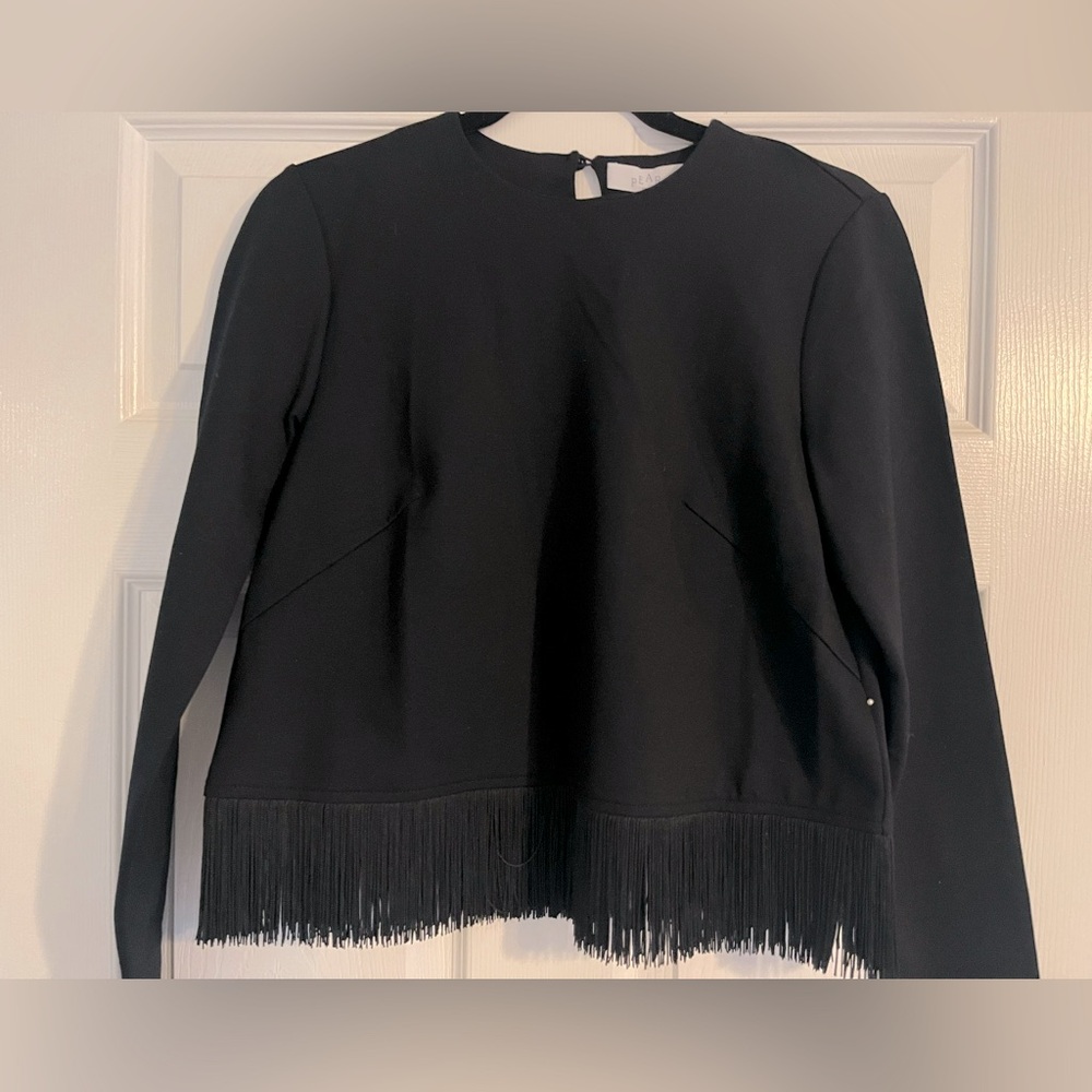 NWOT PEARL by Lela Rose Black Ponte Fringe Detail Top Size S
